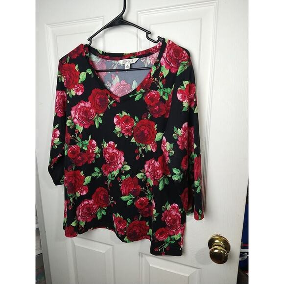 Pioneer Woman M Blouse Black Red Floral V Neck 3/4 Sleeves - Picture 2 of 10